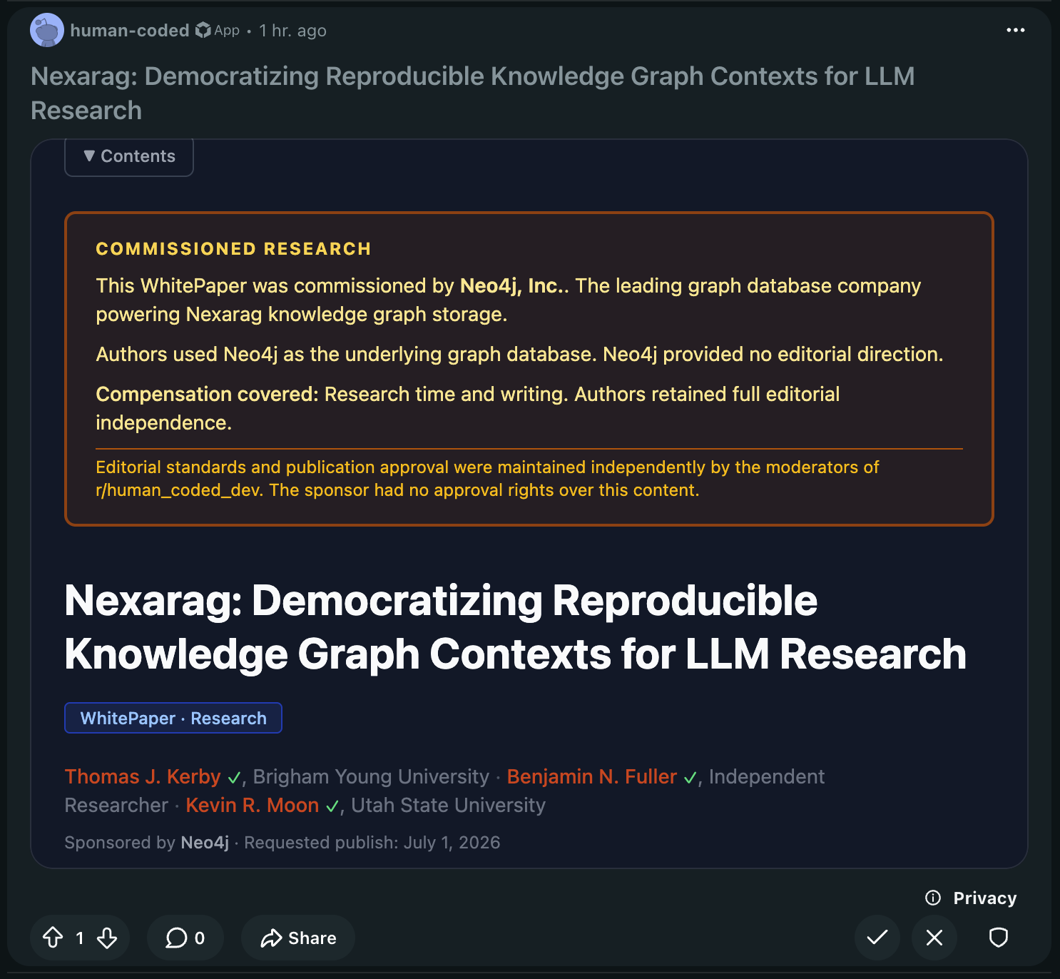 A sample WhitePaper on Human-Coded, showing commissioned research disclosure, title, author credits, and sponsor information